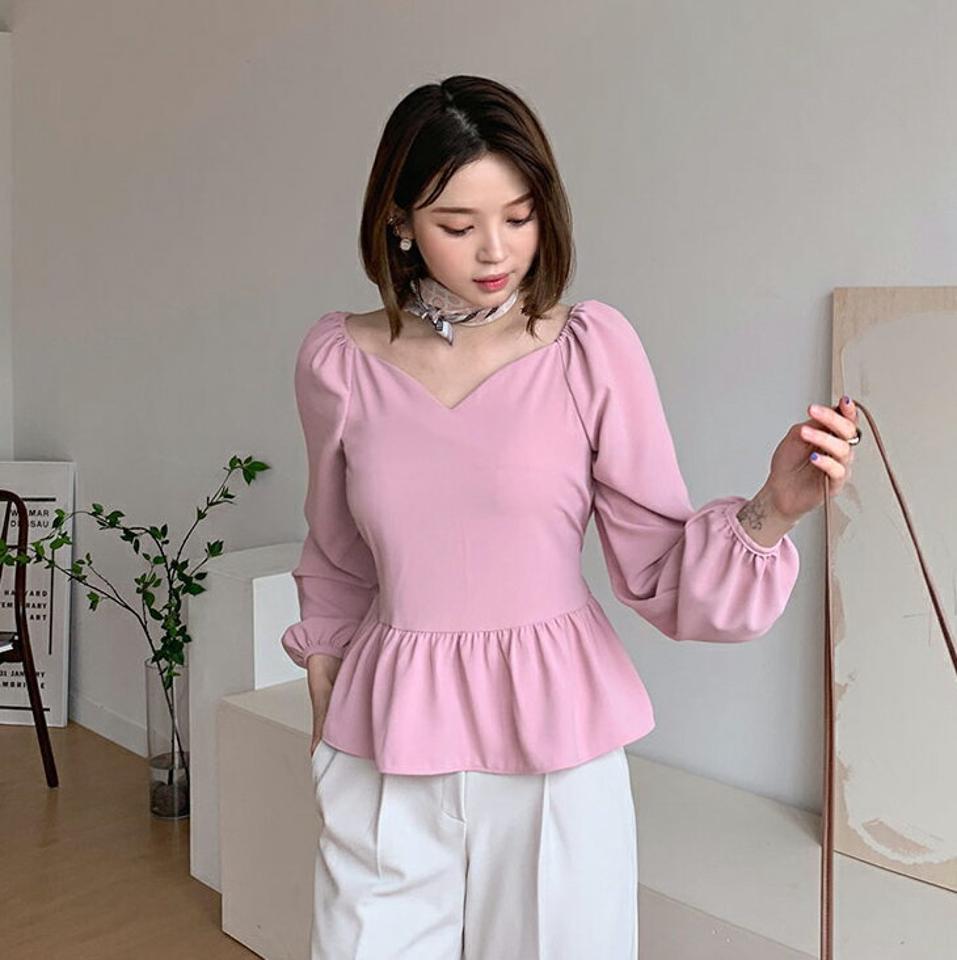 ハートネックフレアブラウス・全3色・t56839 レディース 【bl】【韓国 ファッション トップス ブラウス 長袖 上品 ハートネック フレア ウエストリボン ボリューム フェミニン 春 デイリー 秋 冬】