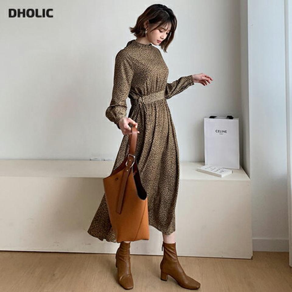 レオパードワンピース・全2色・t56843 レディース 【ops】【韓国 ファッション ワンピース ロング ロングワンピース ハーフネック レオパード パターン リボン ウエストゴム フィット 上品 フェミニン 秋 冬】