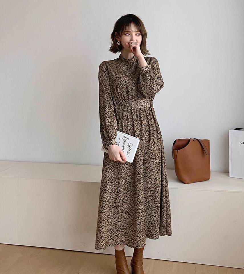 レオパードワンピース・全2色・t56843 レディース 【ops】【韓国 ファッション ワンピース ロング ロングワンピース ハーフネック レオパード パターン リボン ウエストゴム フィット 上品 フェミニン 秋 冬】