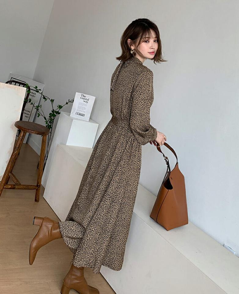 レオパードワンピース・全2色・t56843 レディース 【ops】【韓国 ファッション ワンピース ロング ロングワンピース ハーフネック レオパード パターン リボン ウエストゴム フィット 上品 フェミニン 秋 冬】