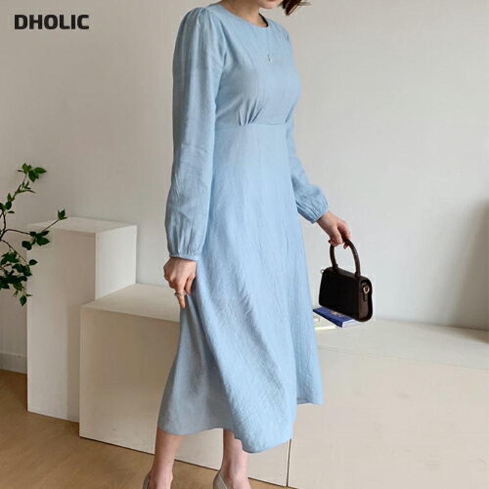 【全品10%OFF】ラウンドリボンワンピース・全4色・t56842 レディース 【ops】【韓国 ファッション ワンピース ロング ロングワンピース ラウンドネック バックファスナー リボン ギャザー リンクル 上品 フェミニン 秋 冬】