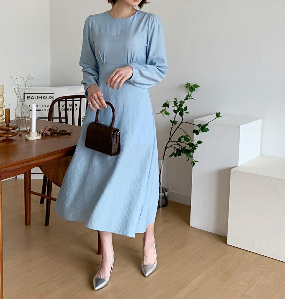 【全品10%OFF】ラウンドリボンワンピース・全4色・t56842 レディース 【ops】【韓国 ファッション ワンピース ロング ロングワンピース ラウンドネック バックファスナー リボン ギャザー リンクル 上品 フェミニン 秋 冬】