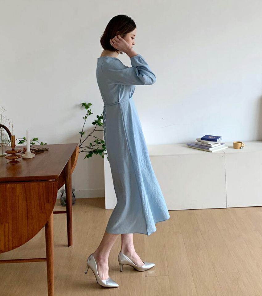 【全品10%OFF】ラウンドリボンワンピース・全4色・t56842 レディース 【ops】【韓国 ファッション ワンピース ロング ロングワンピース ラウンドネック バックファスナー リボン ギャザー リンクル 上品 フェミニン 秋 冬】