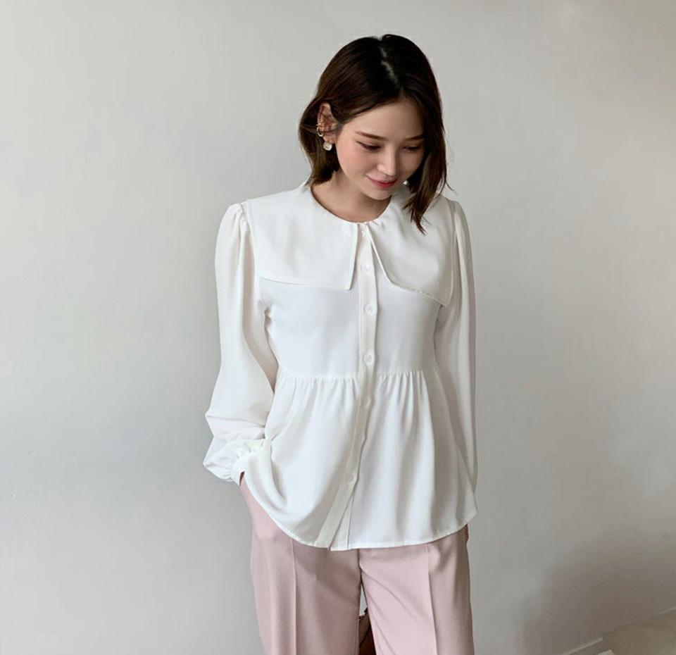 スクエアカラーブラウス・全2色・t56824 レディース 【bl】【韓国 ファッション トップス ブラウス 長袖 上品 スクエア カラーネック ナチュラル フェミニン 春 カジュアル デイリー 秋 冬】