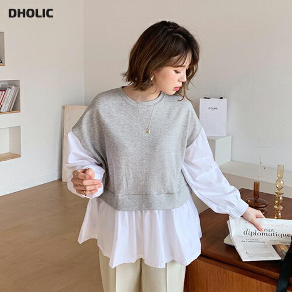 配色レイヤードTシャツ・全2色・b56836 レディース 【tops】【韓国 ファッション トップス Tシャツ 長袖 ラウンドネック レイヤード調 メリハリ 配色 シャツ コントラスト フレア 体型カーバー デイリー 秋 冬】