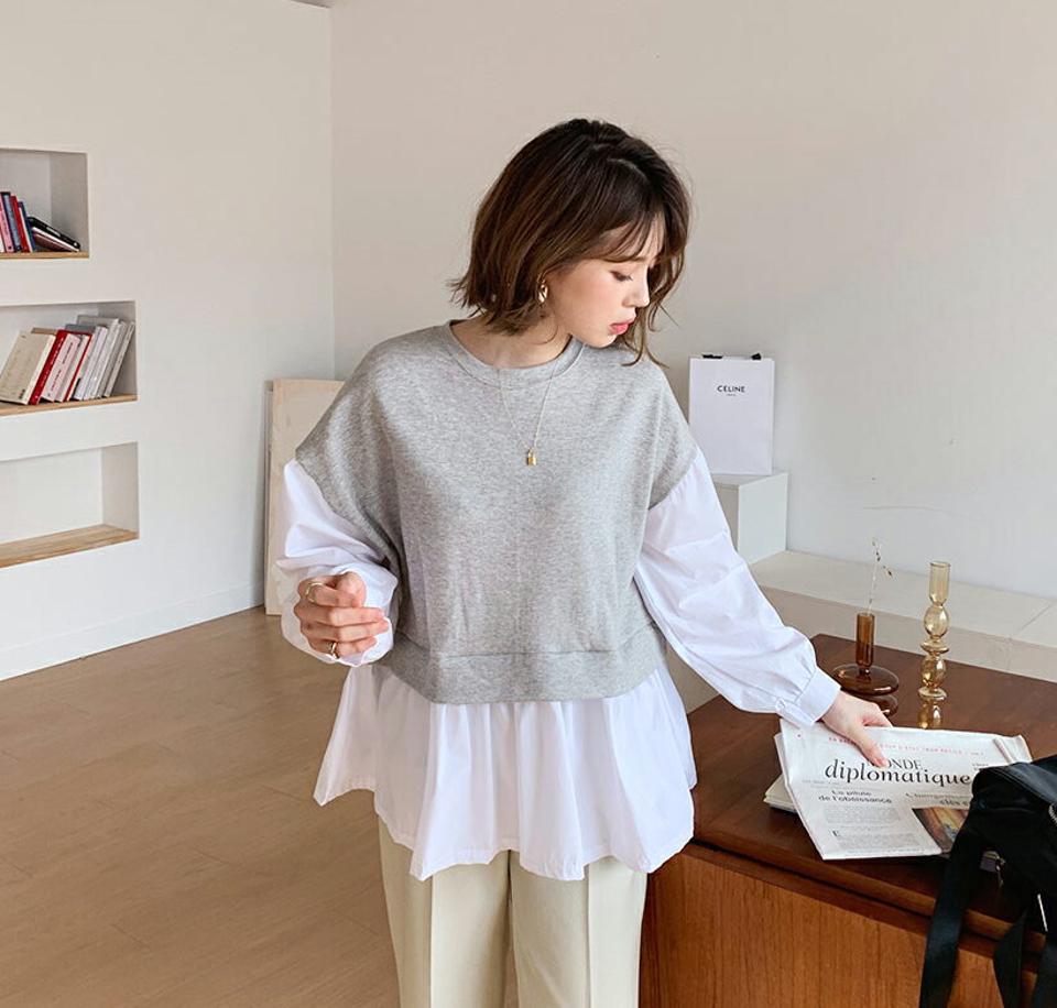 配色レイヤードTシャツ・全2色・b56836 レディース 【tops】【韓国 ファッション トップス Tシャツ 長袖 ラウンドネック レイヤード調 メリハリ 配色 シャツ コントラスト フレア 体型カーバー デイリー 秋 冬】