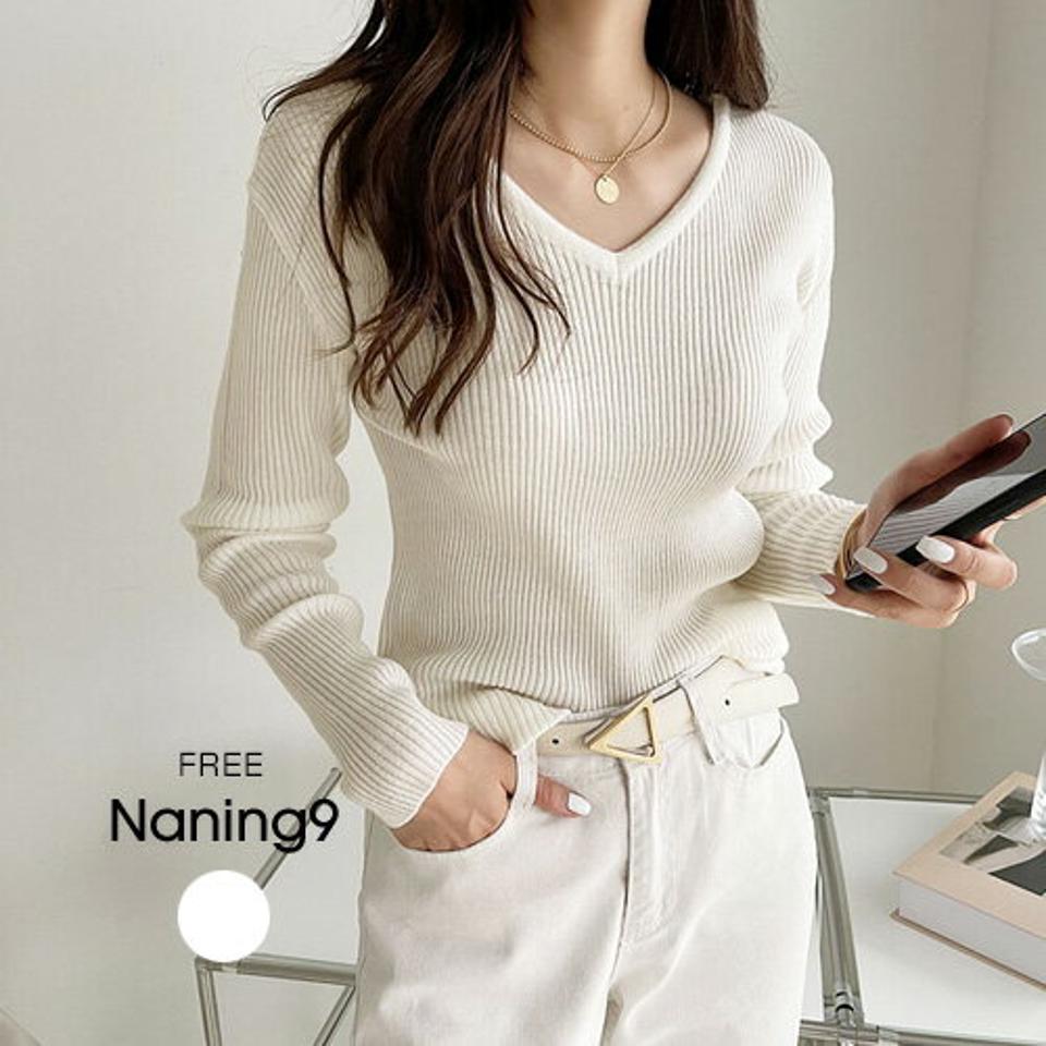 NANING9(ナンニング)フェミニンVネックリブT【2/9up_go】韓国 韓国ファッション レディース 大人 カワイイ トップス オフィスカジュアル Tシャツ インナー 【5】