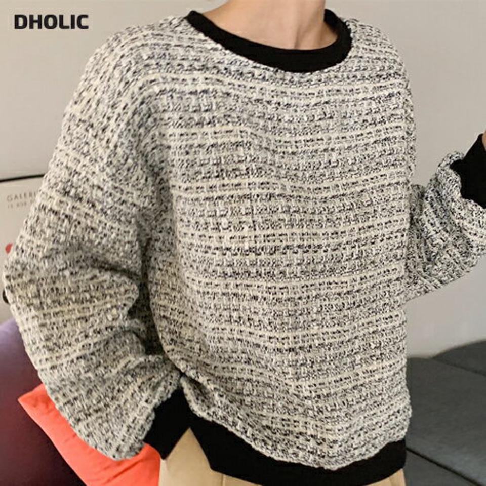 ツイードスウェット・全2色・b62777 レディース 【tops】【韓国 ファッション トップス Tシャツ 長袖 ラウンドネック 高級感 ツイード コントラスト スウェット ルーズ ゆったり 上品 体型カーバー デイリー 秋 冬】