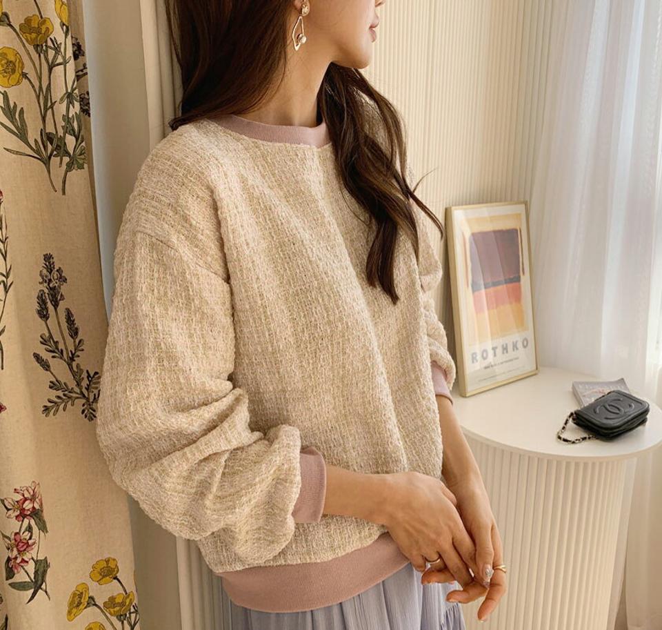 ツイードスウェット・全2色・b62777 レディース 【tops】【韓国 ファッション トップス Tシャツ 長袖 ラウンドネック 高級感 ツイード コントラスト スウェット ルーズ ゆったり 上品 体型カーバー デイリー 秋 冬】
