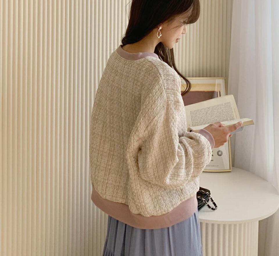 ツイードスウェット・全2色・b62777 レディース 【tops】【韓国 ファッション トップス Tシャツ 長袖 ラウンドネック 高級感 ツイード コントラスト スウェット ルーズ ゆったり 上品 体型カーバー デイリー 秋 冬】