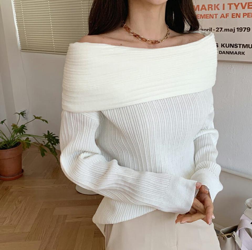 リブオフショルニット・全3色・t61588 レディース 【tops】【韓国 ファッション トップス ニット 長袖 オフショルダー ワイド オフショル リブ フィット スリム 無地 デイリー フェミニン 上品 カジュアル 秋 冬】