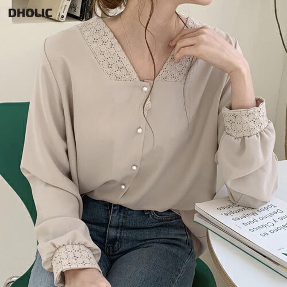 【今ダケ送料無料】パールボタンレースポイントブラウス・全4色・66868 レディース 【bl】【トップス ブラウス 長袖 レース パールボタン フェミニン 大人 きれいめ 秋 冬 韓国 ファッション】【ハイホリHIHOLLI】【UB3】