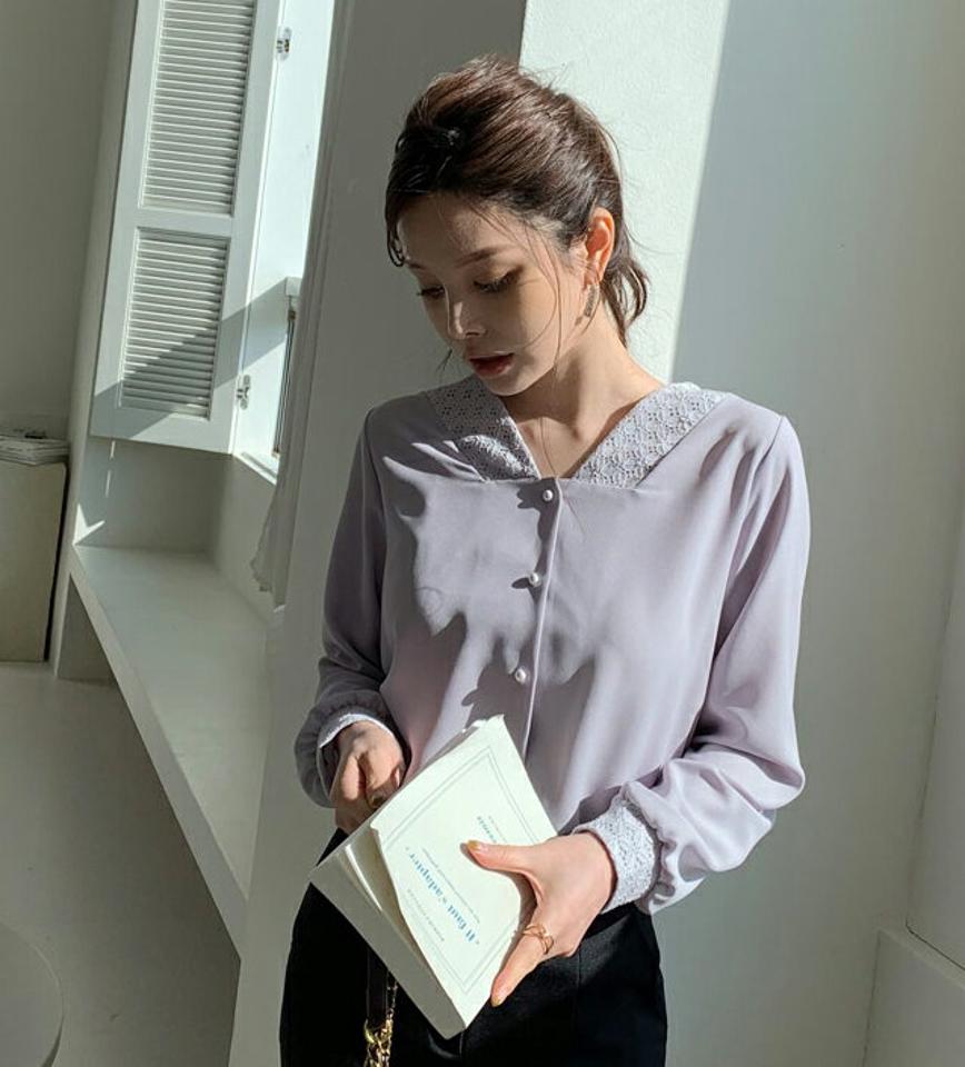 【今ダケ送料無料】パールボタンレースポイントブラウス・全4色・66868 レディース 【bl】【トップス ブラウス 長袖 レース パールボタン フェミニン 大人 きれいめ 秋 冬 韓国 ファッション】【ハイホリHIHOLLI】【UB3】