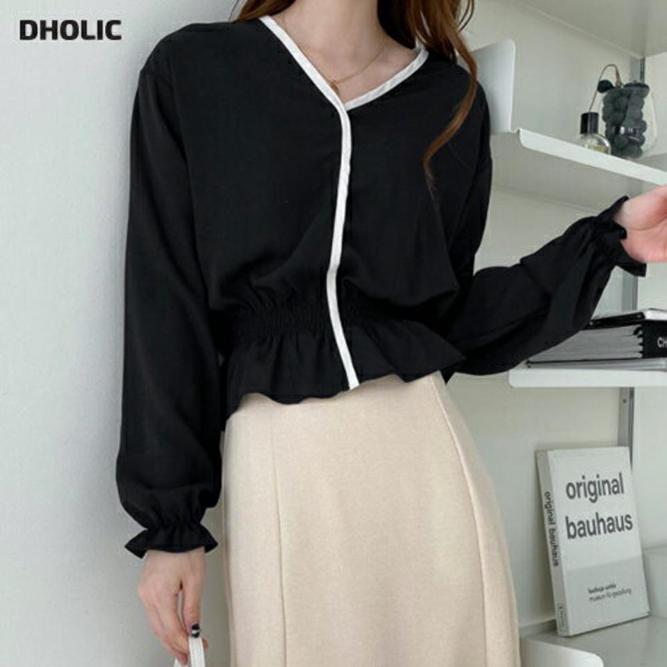 配色ポイントブラウス・全3色・t66866 レディース 【bl】【トップス ブラウス 長袖 配色 モダン 大人 シック きれいめ オフィスカジュアル デート 秋 冬 韓国 ファッション】【ハイホリHIHOLLI】