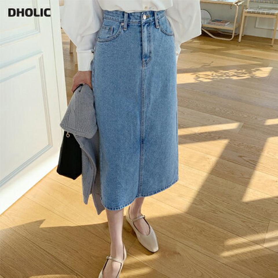 スリットデニムスカート・全2色・t61596 レディース 【sk】【韓国 ファッション ボトムス スカート ロング ロングスカート デニム バックスリット Hライン ベルトループ カジュアル 体型カバー シンプル フェミニン デイリー 秋 冬】