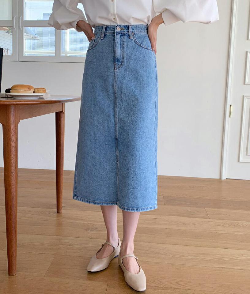スリットデニムスカート・全2色・t61596 レディース 【sk】【韓国 ファッション ボトムス スカート ロング ロングスカート デニム バックスリット Hライン ベルトループ カジュアル 体型カバー シンプル フェミニン デイリー 秋 冬】