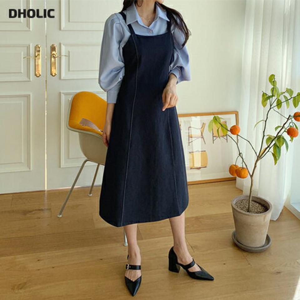 ≪人気商品再入荷≫デニムキャミワンピース・全2色・t61589 レディース 【ops】 韓国ファッション ワンピース ロングワンピース スクエアネック デニム キャミワンピース キャミソール カジュアル リボン ステッチ 秋 冬