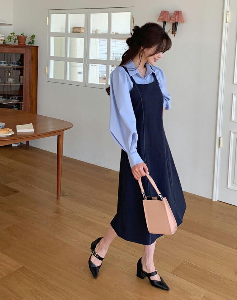 ≪人気商品再入荷≫デニムキャミワンピース・全2色・t61589 レディース 【ops】 韓国ファッション ワンピース ロングワンピース スクエアネック デニム キャミワンピース キャミソール カジュアル リボン ステッチ 秋 冬