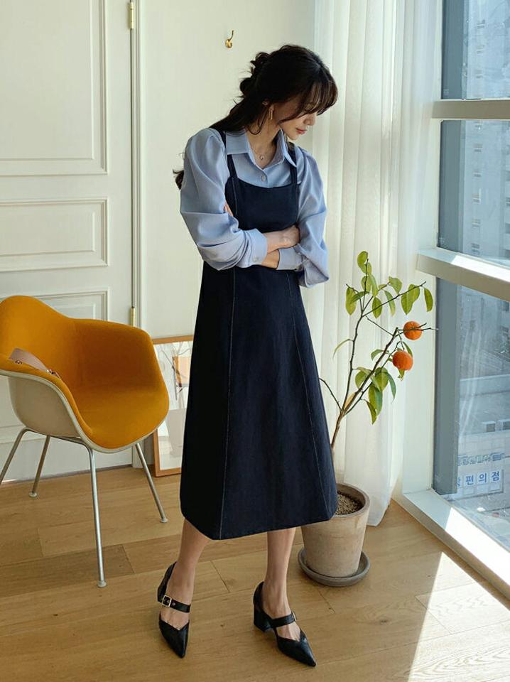 ≪人気商品再入荷≫デニムキャミワンピース・全2色・t61589 レディース 【ops】 韓国ファッション ワンピース ロングワンピース スクエアネック デニム キャミワンピース キャミソール カジュアル リボン ステッチ 秋 冬