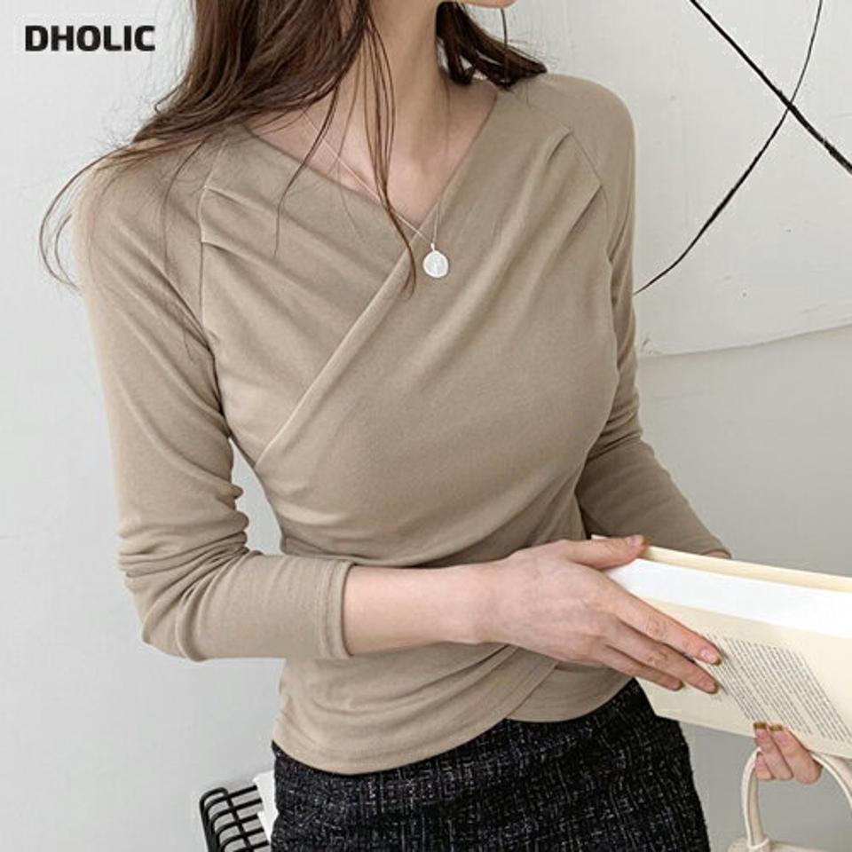 ギャザークロスTシャツ・全3色・b66865 レディース 【tops】【トップス Tシャツ ギャザー クロス 大人 きれいめ シンプル 単色 長袖 秋 冬 韓国 ファッション】【ハイホリHIHOLLI】