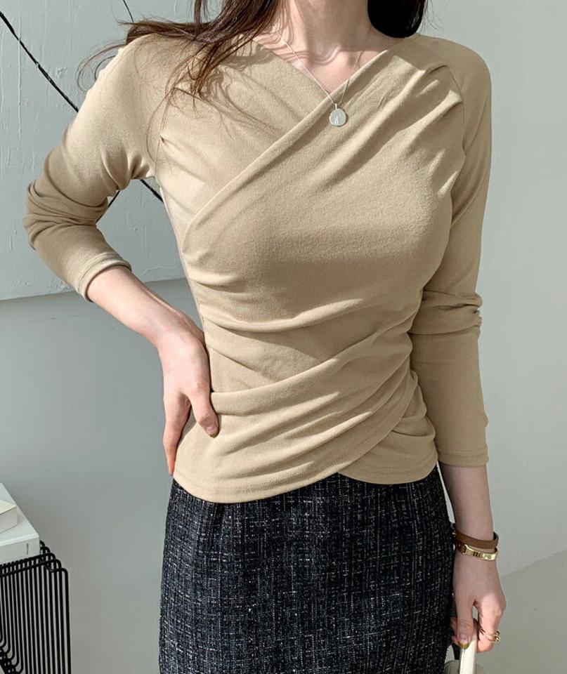 ギャザークロスTシャツ・全3色・b66865 レディース 【tops】【トップス Tシャツ ギャザー クロス 大人 きれいめ シンプル 単色 長袖 秋 冬 韓国 ファッション】【ハイホリHIHOLLI】