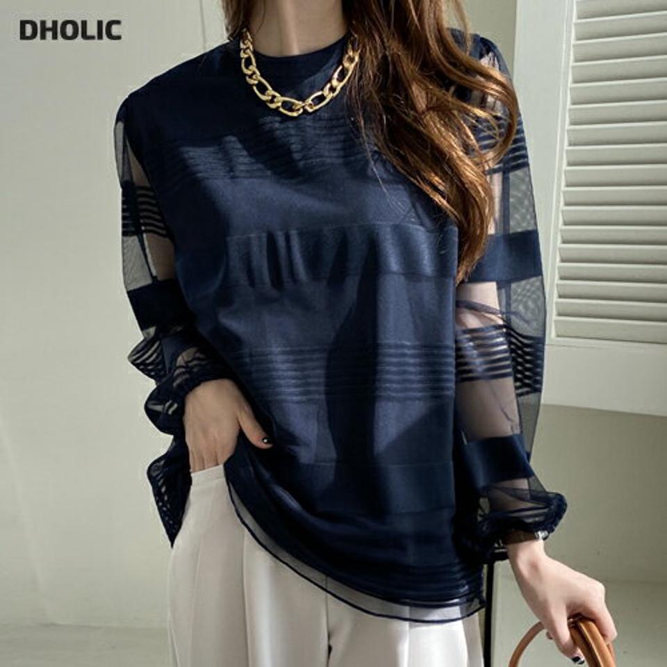 シアーボーダーブラウス・全3色・b66870 レディース 【bl】【トップス ブラウス 長袖 シアー 透け感 シースルー ボーダー柄 上品 大人 きれいめ 秋 冬 韓国 ファッション】【ハイホリHIHOLLI】