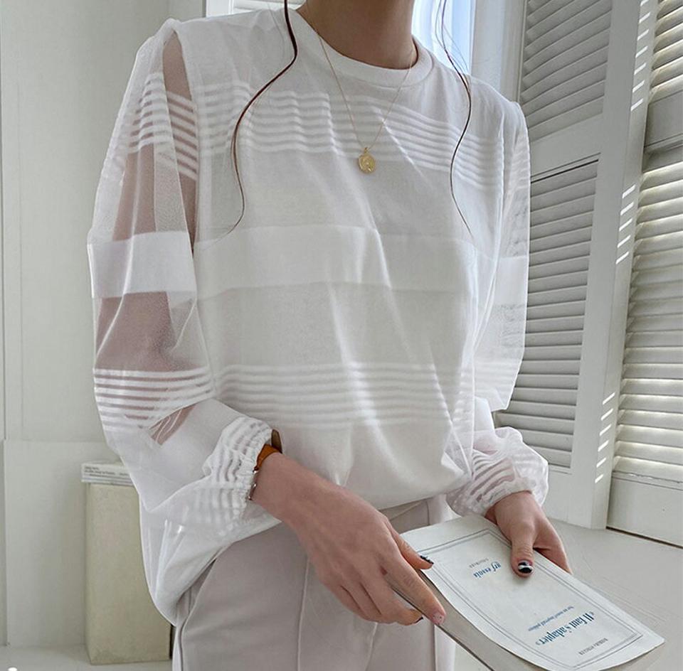 シアーボーダーブラウス・全3色・b66870 レディース 【bl】【トップス ブラウス 長袖 シアー 透け感 シースルー ボーダー柄 上品 大人 きれいめ 秋 冬 韓国 ファッション】【ハイホリHIHOLLI】