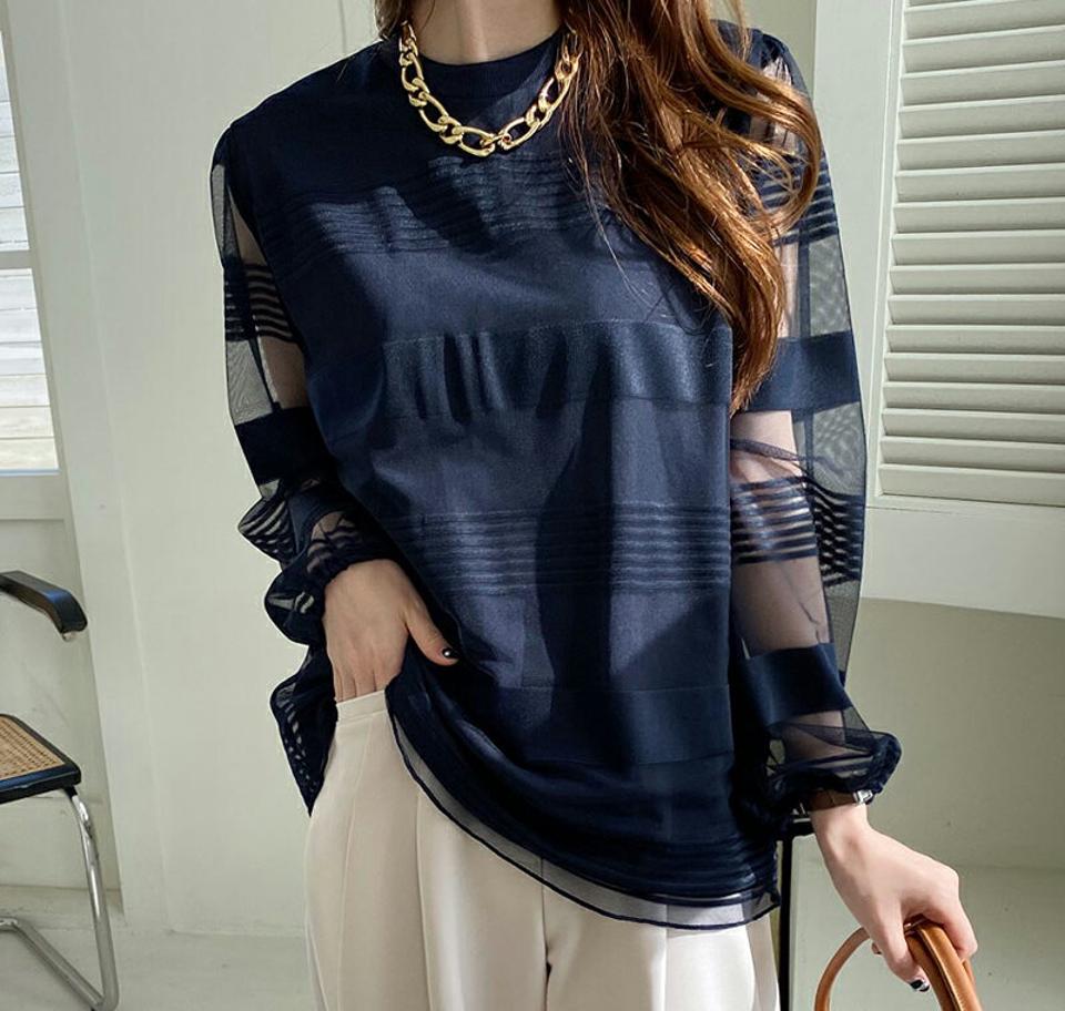 シアーボーダーブラウス・全3色・b66870 レディース 【bl】【トップス ブラウス 長袖 シアー 透け感 シースルー ボーダー柄 上品 大人 きれいめ 秋 冬 韓国 ファッション】【ハイホリHIHOLLI】