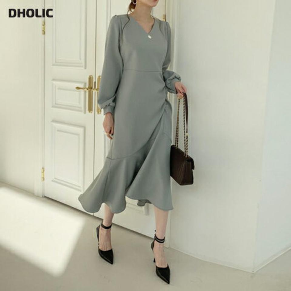 パステルギャザーワンピース・全5色・t66869 レディース 【ops】【ワンピース ロング ロングワンピース 長袖 ギャザー パステル 単色 無地 シンプル フェミニン 結婚式 きれいめ 秋 冬 韓国 ファッション】【ハイホリHIHOLLI】