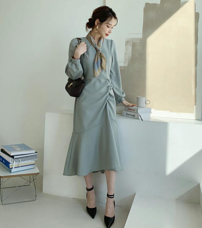 パステルギャザーワンピース・全5色・t66869 レディース 【ops】【ワンピース ロング ロングワンピース 長袖 ギャザー パステル 単色 無地 シンプル フェミニン 結婚式 きれいめ 秋 冬 韓国 ファッション】【ハイホリHIHOLLI】