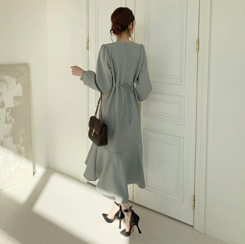 パステルギャザーワンピース・全5色・t66869 レディース 【ops】【ワンピース ロング ロングワンピース 長袖 ギャザー パステル 単色 無地 シンプル フェミニン 結婚式 きれいめ 秋 冬 韓国 ファッション】【ハイホリHIHOLLI】