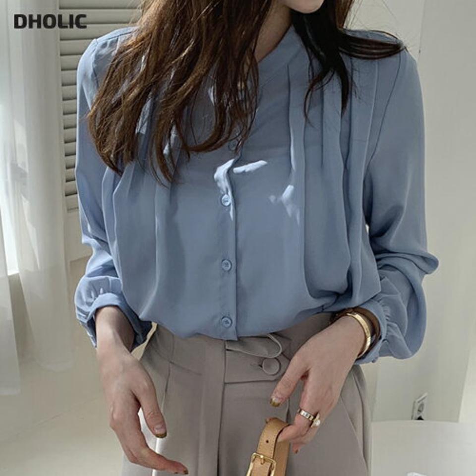 バンドカラータックブラウス・全4色・b66894 レディース 【bl】【トップス ブラウス タック 長袖 バンドカラー 単色 シンプル 大人 オフィスカジュアル きれいめ 秋 冬 韓国 ファッション】【ハイホリHIHOLLI】