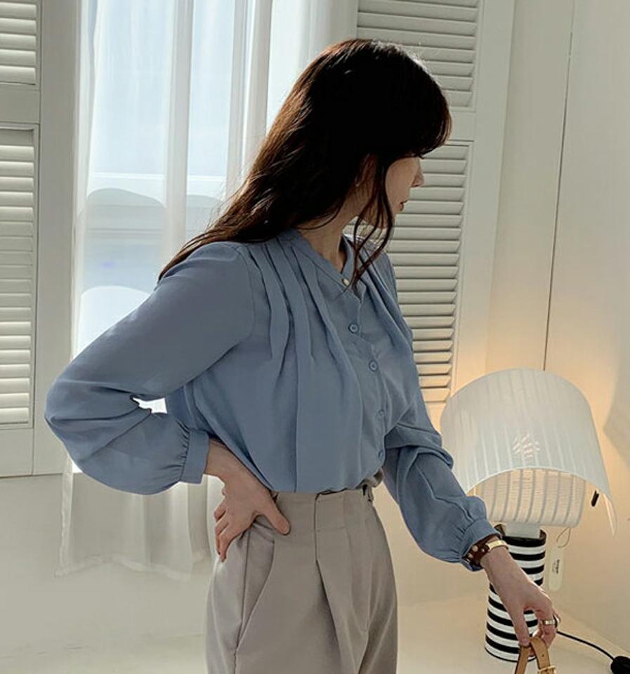 バンドカラータックブラウス・全4色・b66894 レディース 【bl】【トップス ブラウス タック 長袖 バンドカラー 単色 シンプル 大人 オフィスカジュアル きれいめ 秋 冬 韓国 ファッション】【ハイホリHIHOLLI】