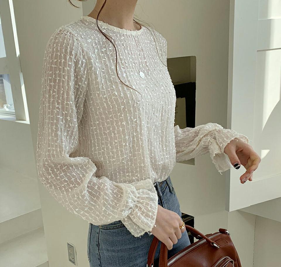 スパンコールシアーブラウス・全2色・b66854 レディース 【bl】【トップス ブラウス 長袖 シアー シースルー 透け感 スパンコール 大人 きれいめ 秋 冬 韓国 ファッション】【ハイホリHIHOLLI】