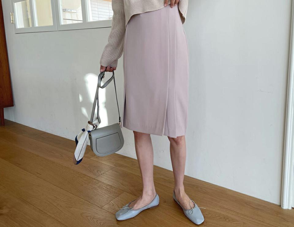 タックミディスカート・全3色・b61593 レディース 【sk】【韓国 ファッション ボトムス スカート ミディ ミディスカート タック スリット カジュアル 体型カバー シンプル フェミニン デイリー ベーシック 上品 秋 冬】