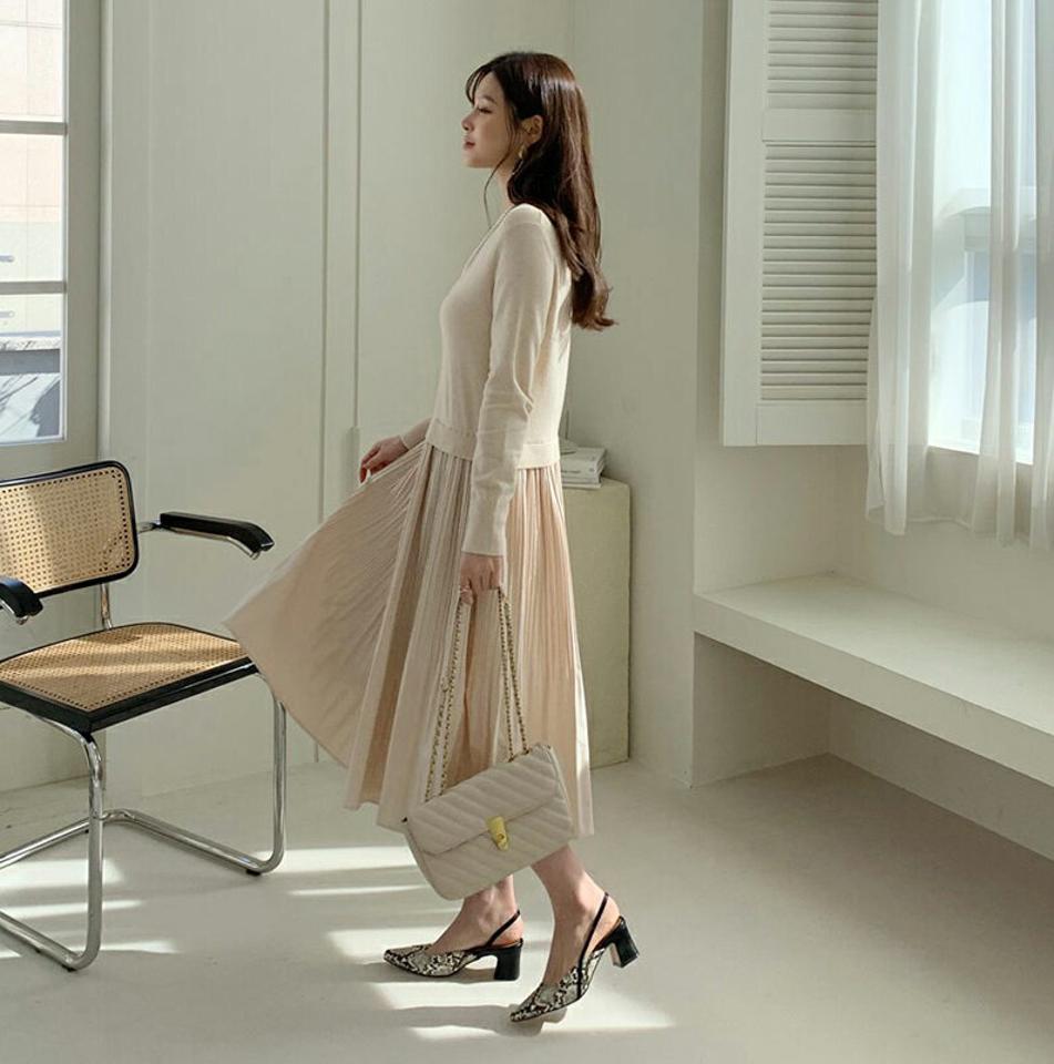 プリーツニットワンピース・全3色・b66864 レディース 【ops】【ワンピース ミディ丈 ミディワンピース 長袖 プリーツ プリーツワンピース ニット ニットワンピース フェミニン 可愛い かわいい 秋 冬 韓国 ファッション】【ハイホリHIHOLLI】