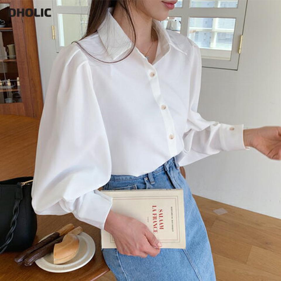 パフスリーブボタンブラウス・全3色・t61585 レディース 【bl】韓国ファッション トップス ブラウス 長袖 上品 パフスリーブ シャツ パフ ボリューム フェミニン 春 カジュアル デイリー 秋 冬