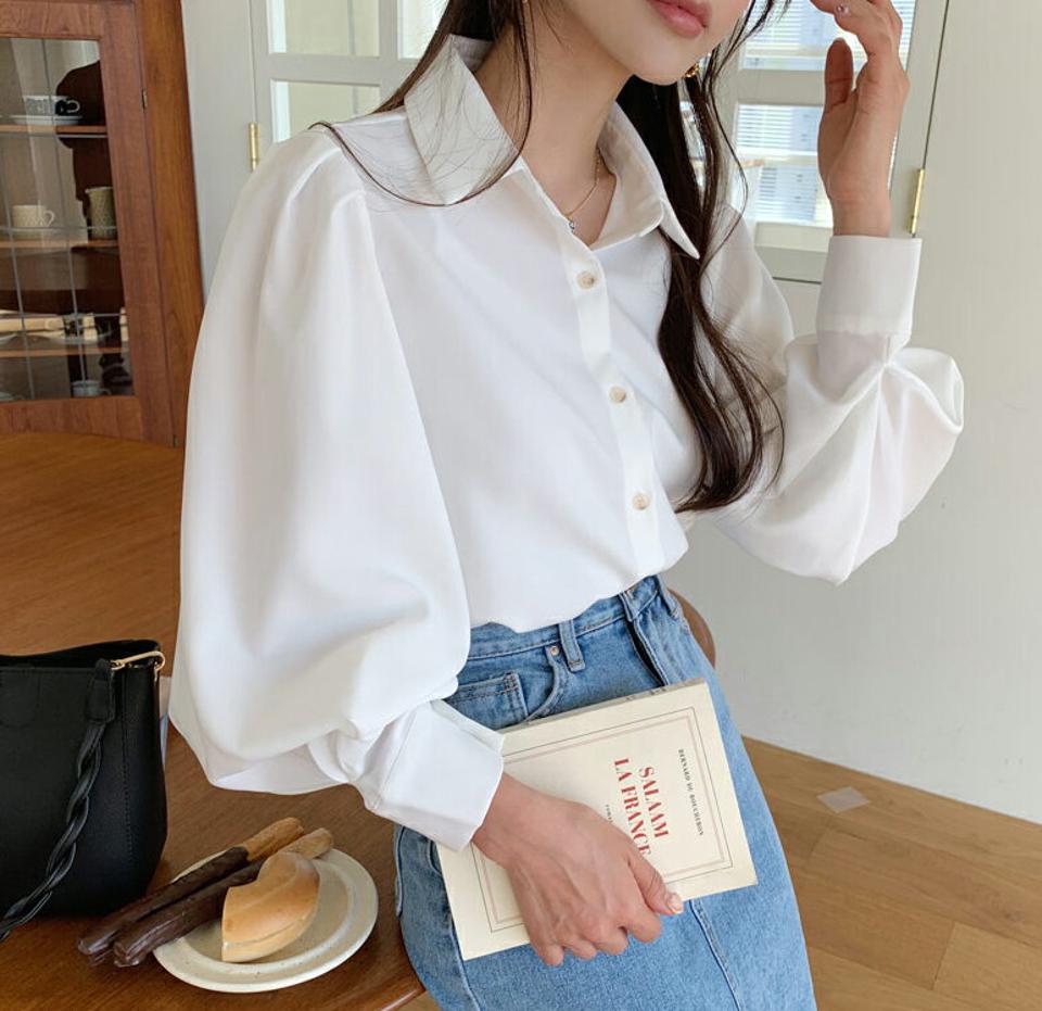 パフスリーブボタンブラウス・全3色・t61585 レディース 【bl】韓国ファッション トップス ブラウス 長袖 上品 パフスリーブ シャツ パフ ボリューム フェミニン 春 カジュアル デイリー 秋 冬