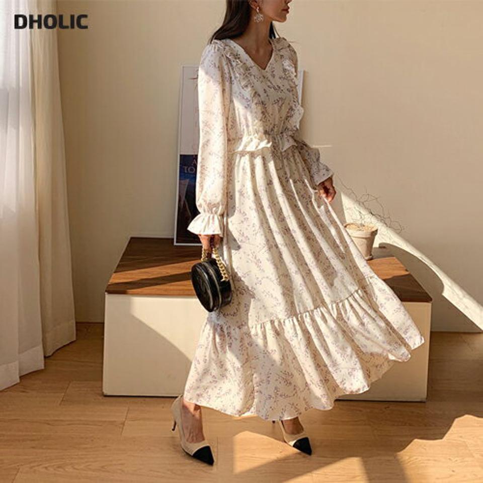 【只今30%OFF】フリルVネック花柄ワンピース・全3色・t62780 レディース 【ops】【韓国 ファッション ワンピース ロング ロングワンピース Vネック シフォン フローラル パターン 花柄 フラワー 春 フリル 揺れ感 フェミニン 上品 秋 冬】【fw】