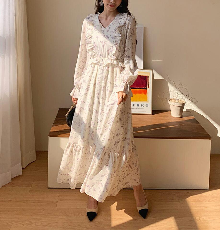 【只今30%OFF】フリルVネック花柄ワンピース・全3色・t62780 レディース 【ops】【韓国 ファッション ワンピース ロング ロングワンピース Vネック シフォン フローラル パターン 花柄 フラワー 春 フリル 揺れ感 フェミニン 上品 秋 冬】【fw】