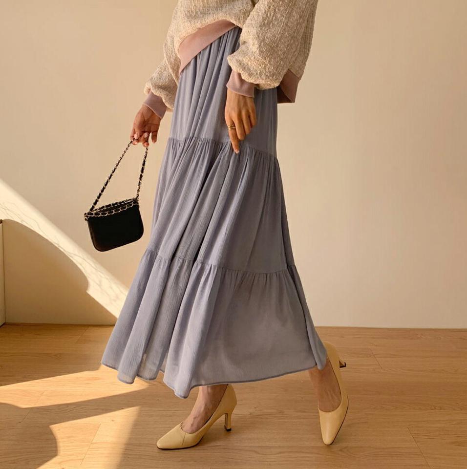 ティアードロングスカート・全4色・b62793 レディース 【sk】【韓国 ファッション ボトムス スカート ロング ロングスカート パステル ボリューム ティアード ウエストゴム カジュアル 体型カバー シンプル フェミニン デイリー 秋 冬】