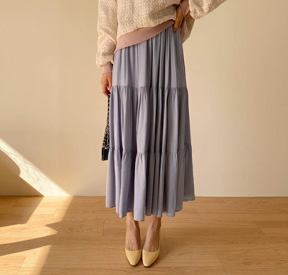 ティアードロングスカート・全4色・b62793 レディース 【sk】【韓国 ファッション ボトムス スカート ロング ロングスカート パステル ボリューム ティアード ウエストゴム カジュアル 体型カバー シンプル フェミニン デイリー 秋 冬】