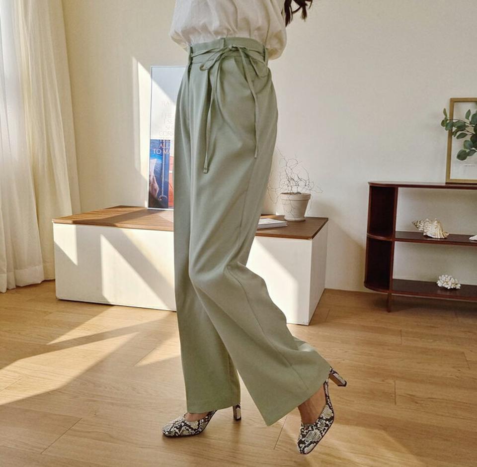 リボンワイドスラックス・全5色・t62794 レディース 【pt】【韓国 ファッション ボトムス パンツ スラックス ワイドスラックス ロング スリム リボン ボリューム 細身 10分丈 十分丈 ストレート カジュアル 無地 秋 冬】