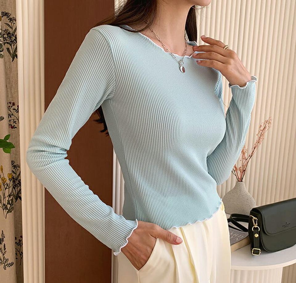 【今ダケ送料無料】ウェーブ配色ラインTシャツ・全4色・t62768 レディース 【tops】【韓国 ファッション トップス Tシャツ 長袖 ラウンドネック 高級感 ナチュラル ウェーブ スリム フィット クロップド丈 リブ 上品 体型カーバー 秋 冬】【UB3】