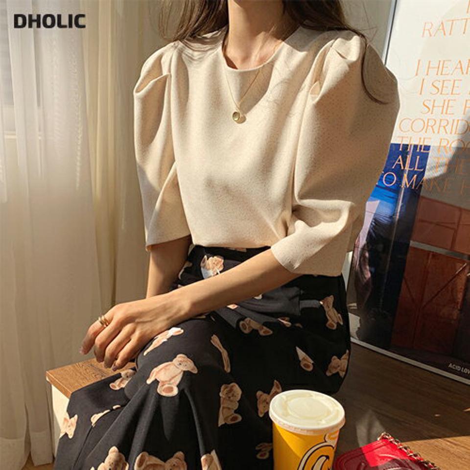 【只今10%OFF】ドットパフブラウス・全3色・t62779 レディース 【bl】【韓国 ファッション トップス ブラウス 半袖 上品 ラウンドネック ラブリー ドット パターン ボリューム袖 フェミニン 春 カジュアル デイリー 秋 冬】