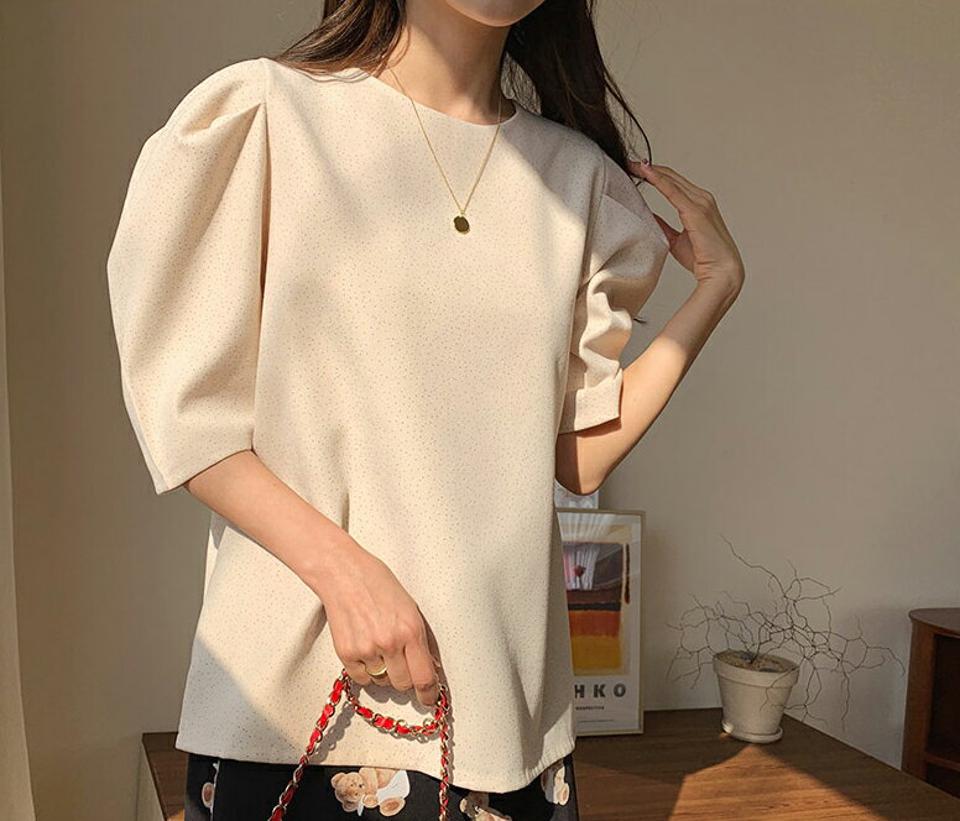 【只今10%OFF】ドットパフブラウス・全3色・t62779 レディース 【bl】【韓国 ファッション トップス ブラウス 半袖 上品 ラウンドネック ラブリー ドット パターン ボリューム袖 フェミニン 春 カジュアル デイリー 秋 冬】