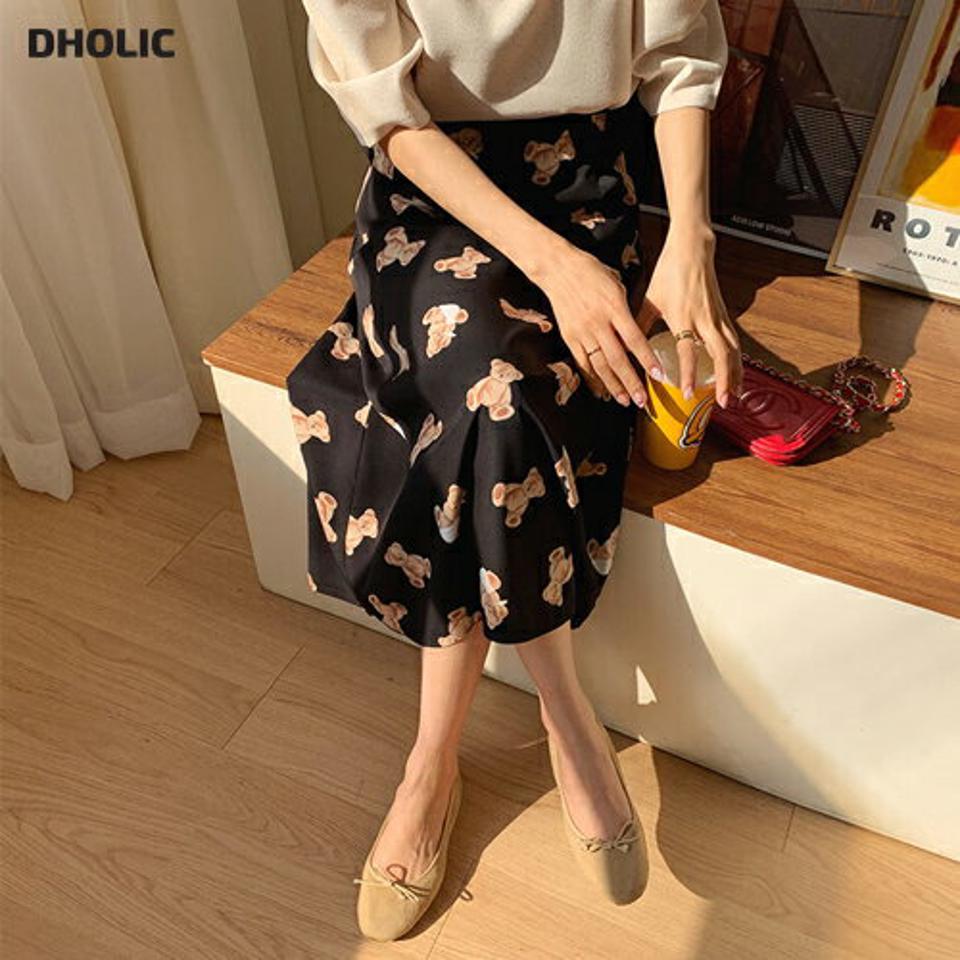 ベアパターンフレアスカート・全2色・b62792 レディース 【sk】【韓国 ファッション ボトムス スカート ロング ロングスカート Aライン ガーリー ベア パターン クマ くまさん カジュアル 体型カバー デイリー 秋 冬】