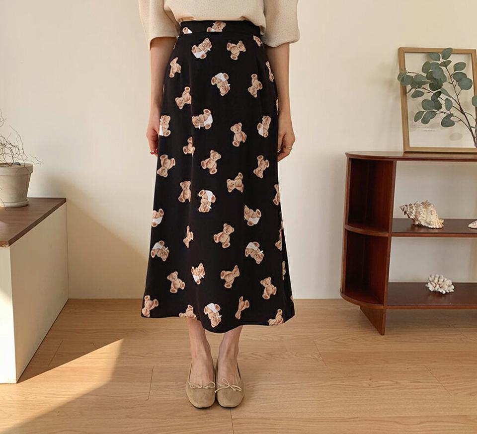 ベアパターンフレアスカート・全2色・b62792 レディース 【sk】【韓国 ファッション ボトムス スカート ロング ロングスカート Aライン ガーリー ベア パターン クマ くまさん カジュアル 体型カバー デイリー 秋 冬】