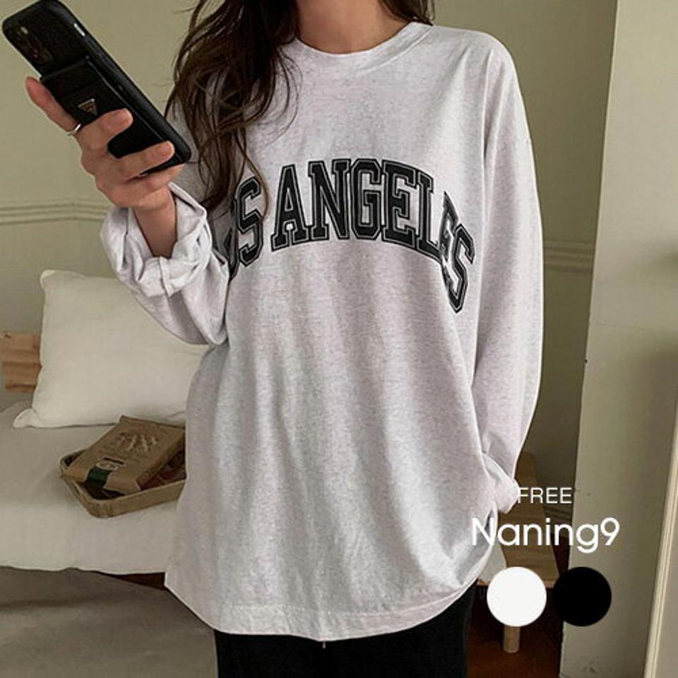 NANING9(ナンニング)LOSANGELESカジュアルロンT【メール便】【2/15up_go】韓国 韓国ファッション レディース Tシャツ 長袖 重ね着 前面ロゴ トップス 黒 ホワイト【あす楽】