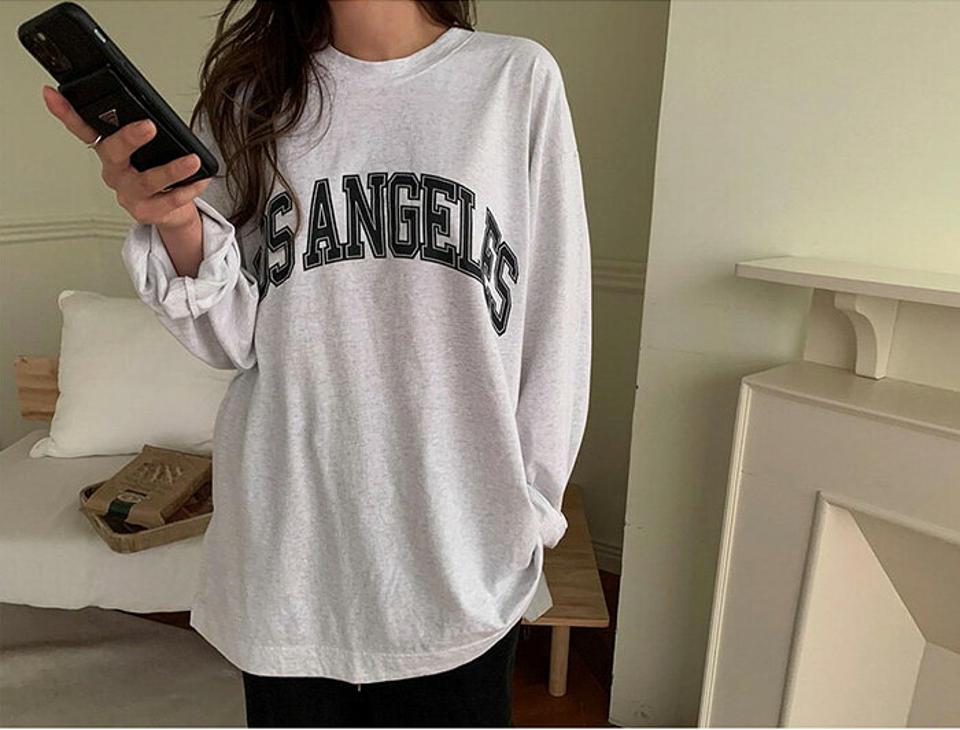 NANING9(ナンニング)LOSANGELESカジュアルロンT【メール便】【2/15up_go】韓国 韓国ファッション レディース Tシャツ 長袖 重ね着 前面ロゴ トップス 黒 ホワイト【あす楽】